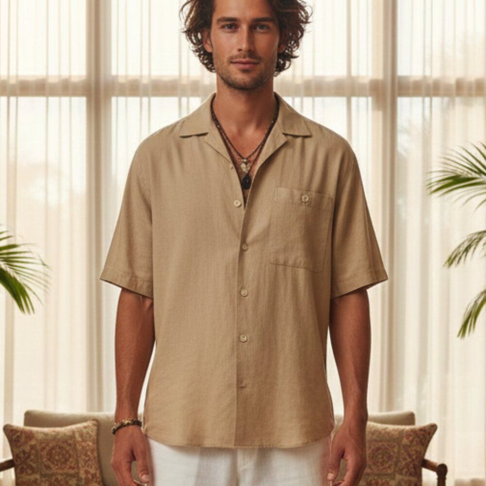 Men's Trust Tan Linen Blend Short Sleeve Shirt Medium Breathable Summer Neutral